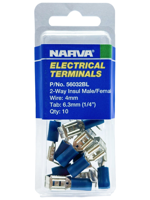 Electrical Terminal - 2 Way Insulated Male/Female, 4mm Wire, 6.3mm Tab (QTY 10)