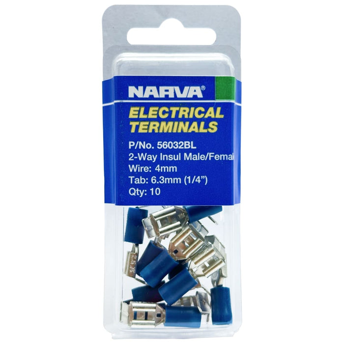 Electrical Terminal - 2 Way Insulated Male/Female, 4mm Wire, 6.3mm Tab