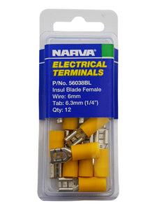 ELECTRICAL TERMINAL - INSULATED BLADE FEMALE, 6MM WIRE, 6.3MM (1/4") TAB (QTY 12)