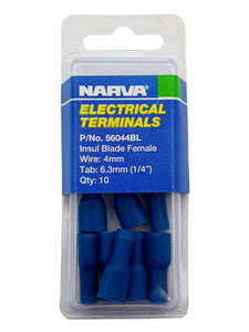 ELECTRICAL TERMINAL - INSULATED BLADE FEMALE, 4MM WIRE, 6.3MM (1/4")  TAB (QTY 10)