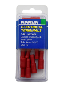 ELECTRICAL TERMINAL - BULLET FEMALE FORD, 3MM WIRE, 4MM (5/32") TAB (QTY 12)